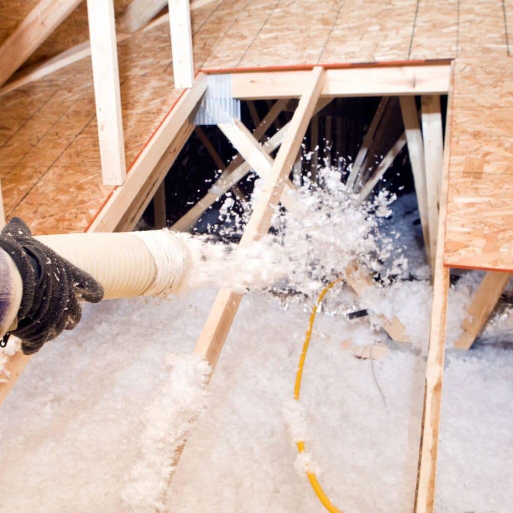 technician holding a large tube that has attic insulation blowing out of it as it's packing up the space