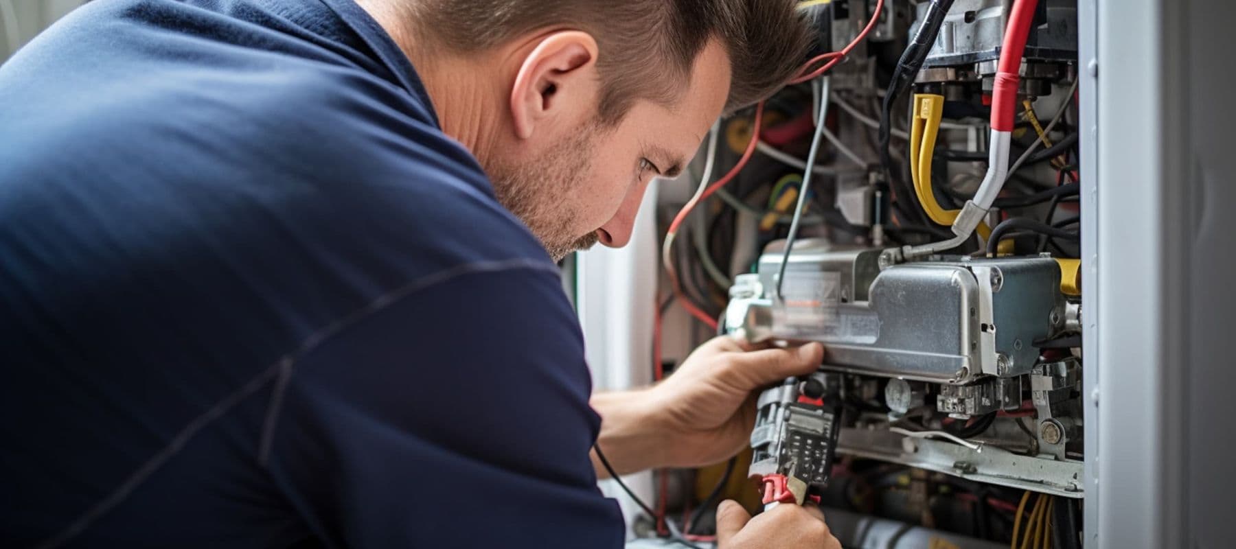 hvac technician installing a part on a furnace system