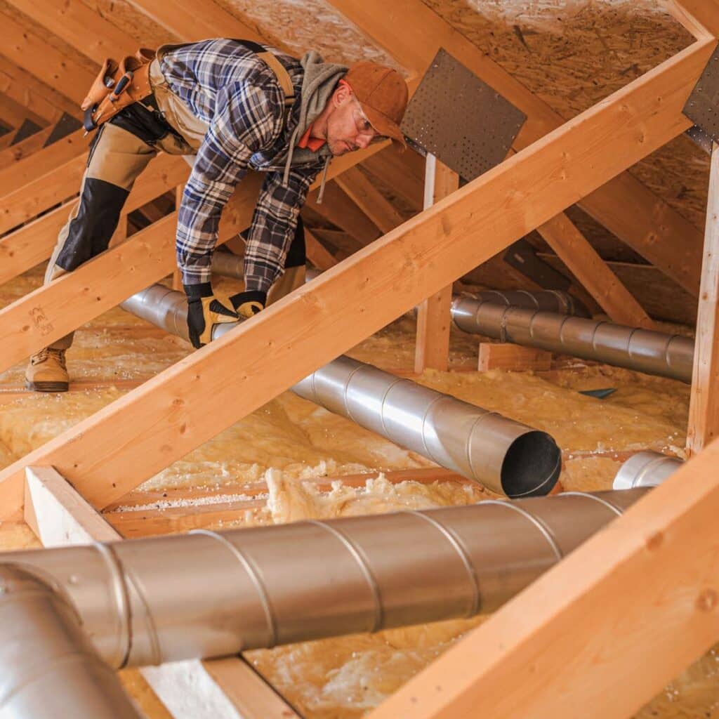 hvac technician holding a large air duct tube connecting it to the rest of them