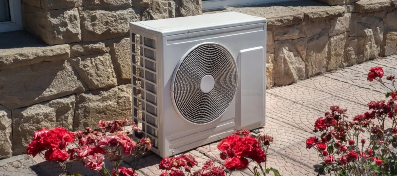 Outdoor heat pump unit placed beside a stone wall with red flowers in the foreground