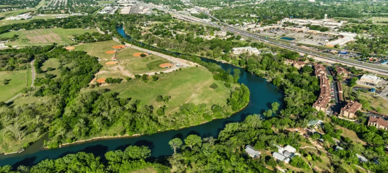 Aerial view of New Braunfels, TX served by Thayer AC for air conditioning and heating services