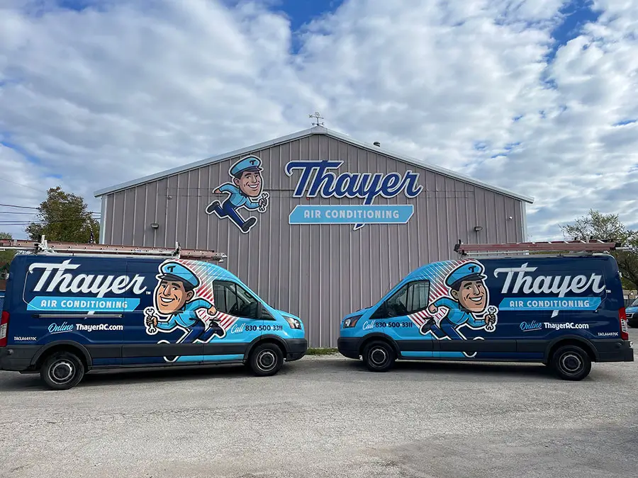 Thayer service vehicle parked for a mini split repair job in New Braunfels, TX
